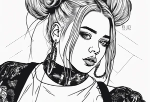 Billie eilish with 2 messy space buns jumping out of a stage tattoo idea