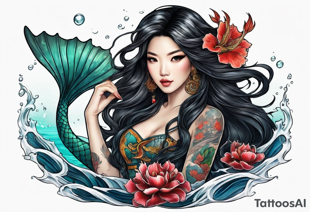 Asian mermaid with long black hair picks through shipwreck tattoo idea