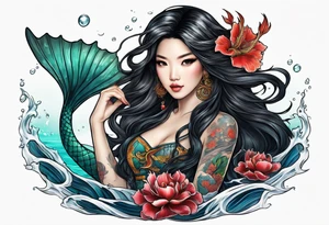 Asian mermaid with long black hair picks through shipwreck tattoo idea