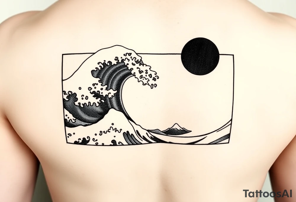 Black and white design in a vertical rectangular border, sized to fit the upper arm. Inside the border, a powerful Hokusai-style wave dominates the scene—dynamic, dramatic, and detailed with traditional Japanese woodblock linework. In the top right or left corner, include a solid black or partially shaded sun, contrasting against the wave. The entire composition should feel bold yet balanced, with the wave filling most of the space while keeping a clean, framed appearance. The style should stay true to traditional Japanese art but adapted for a modern tattoo aesthetic. tattoo idea