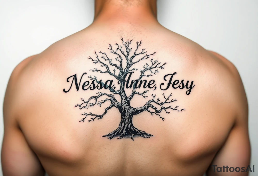 the name Nessa, Anne, Jessy
 on a live tree tattoo idea