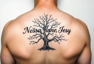 the name Nessa, Anne, Jessy
 on a live tree tattoo idea