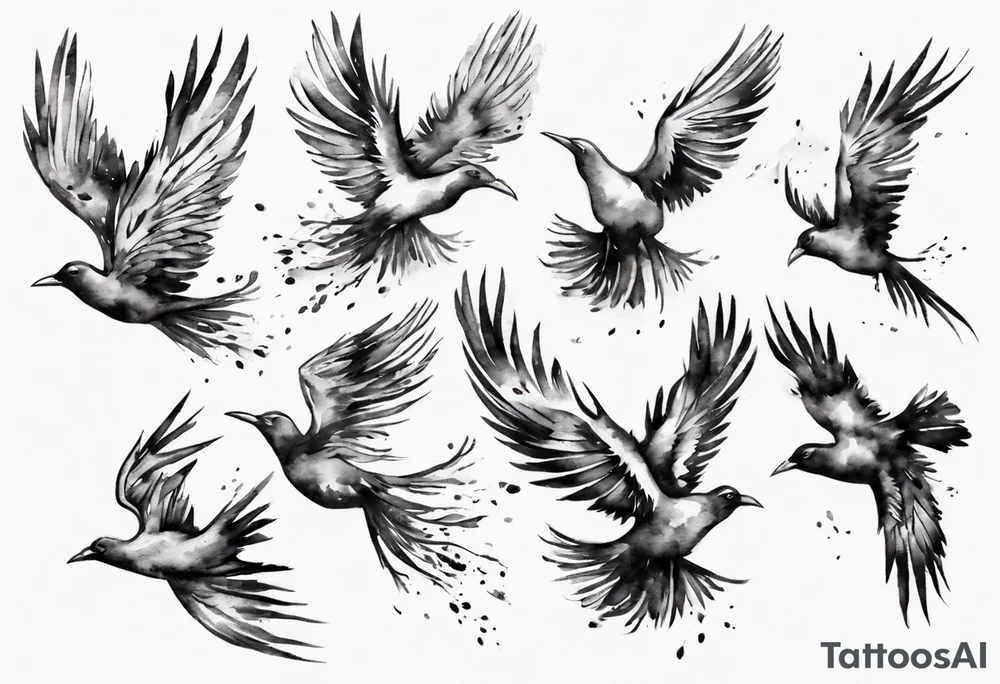 a flock of birds flying into the distance leaving feathers behind tattoo idea