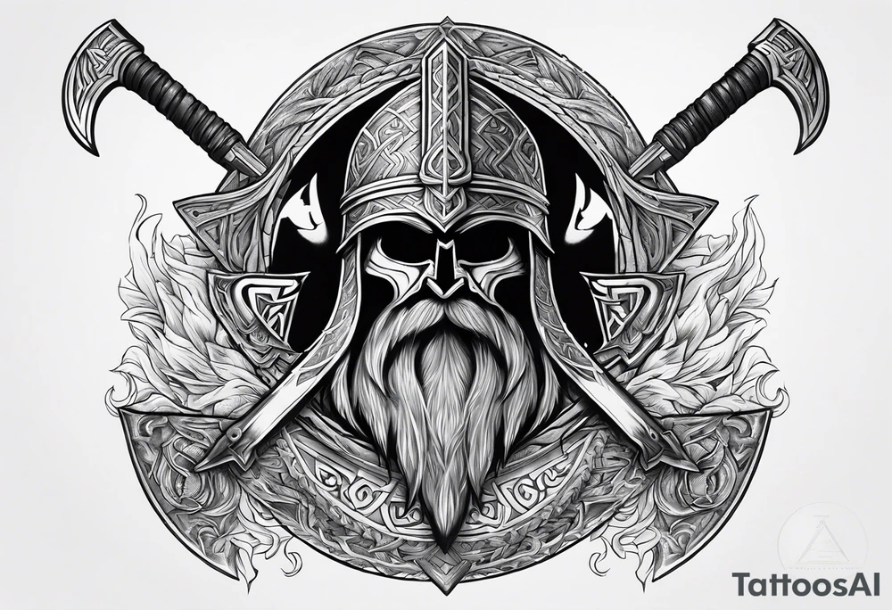 Valhalla sword shield axe Valknut fire tattoo idea