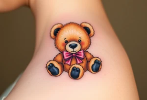 realistic tan teddy bear with black paws and a pink bow around its neck tattoo idea