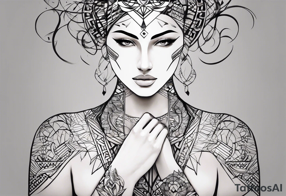 "An intricate tattoo design for the shoulder and upper arm, blending two abstract faces that merge, representing the balance between strength and sensitivity. Geometric lines flow into organic, free-form shapes like branches or smoke, signifying a journey between structure and freedom. One of the faces subtly morphs into a hand, with cracks and details showing the theme of reconstruction or transformation. In the background, delicate engravings of ancient ruins or castle arches add a timeless, introspective feel, with soft shadowing and bold outlines for an impactful, symbolic look. tattoo idea