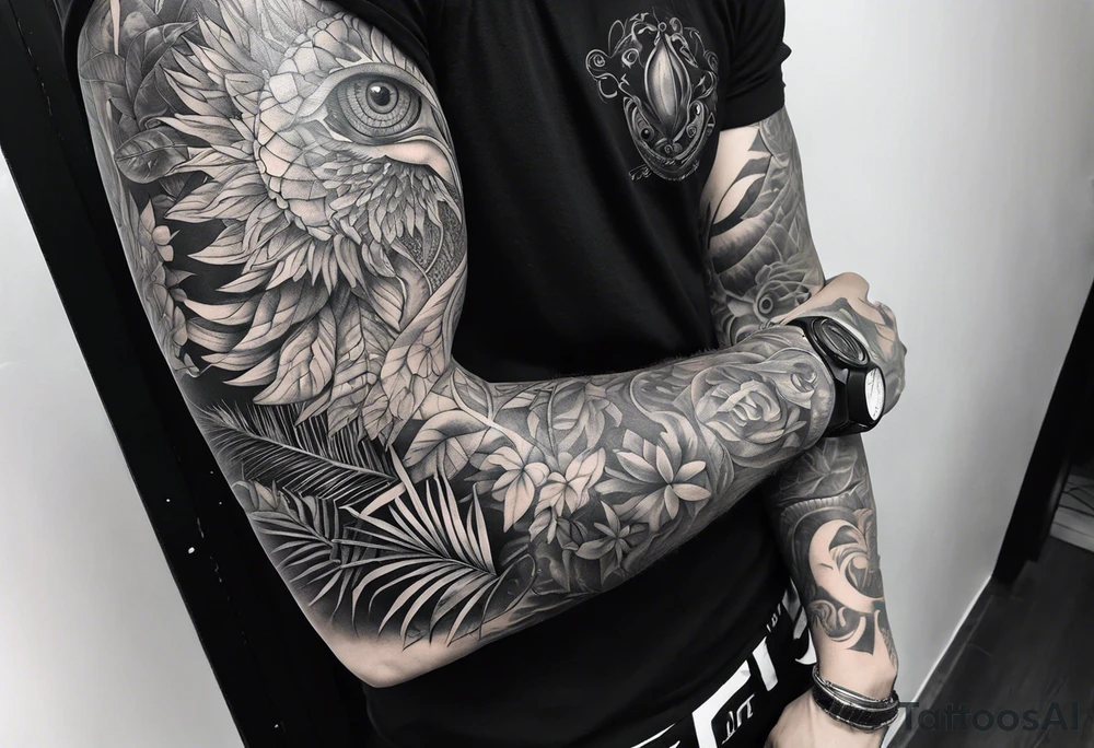 full sleeve tattoo with jungle plants and all-seeing eye tattoo idea