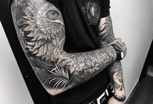 full sleeve tattoo with jungle plants and all-seeing eye tattoo idea