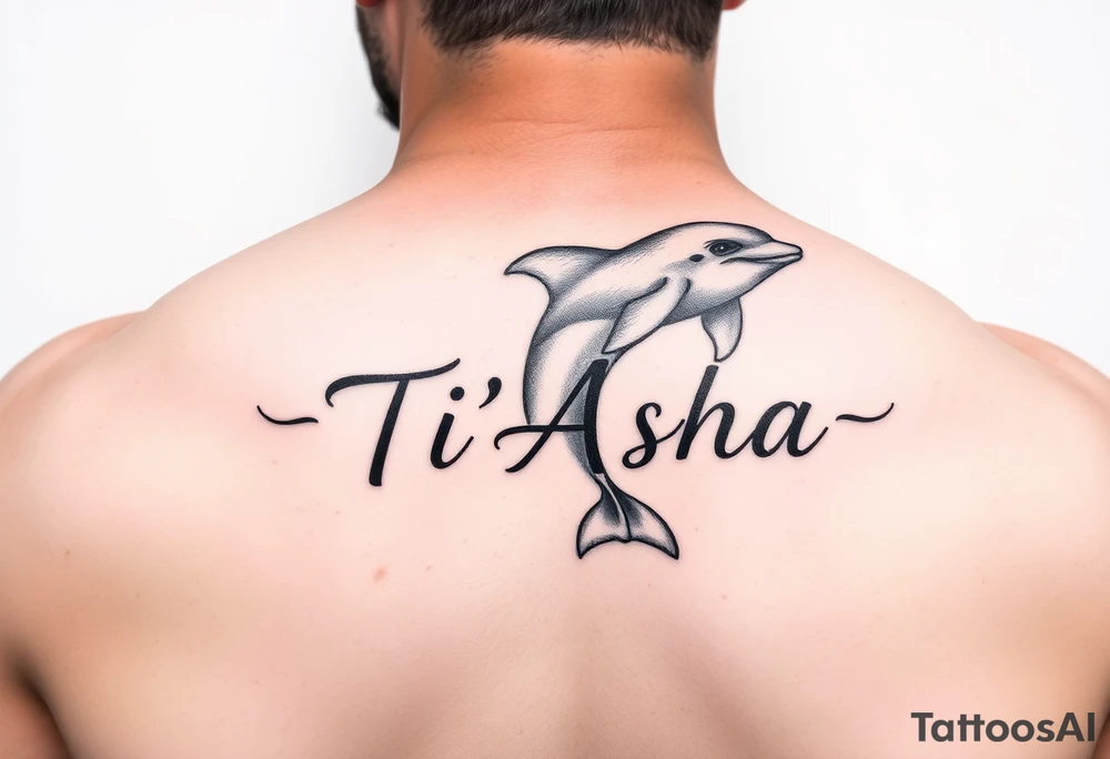 The name Ti'Asha with a dolphin for my mom favorite animal with the tattoo being somewhere on the arm or bicep tattoo idea