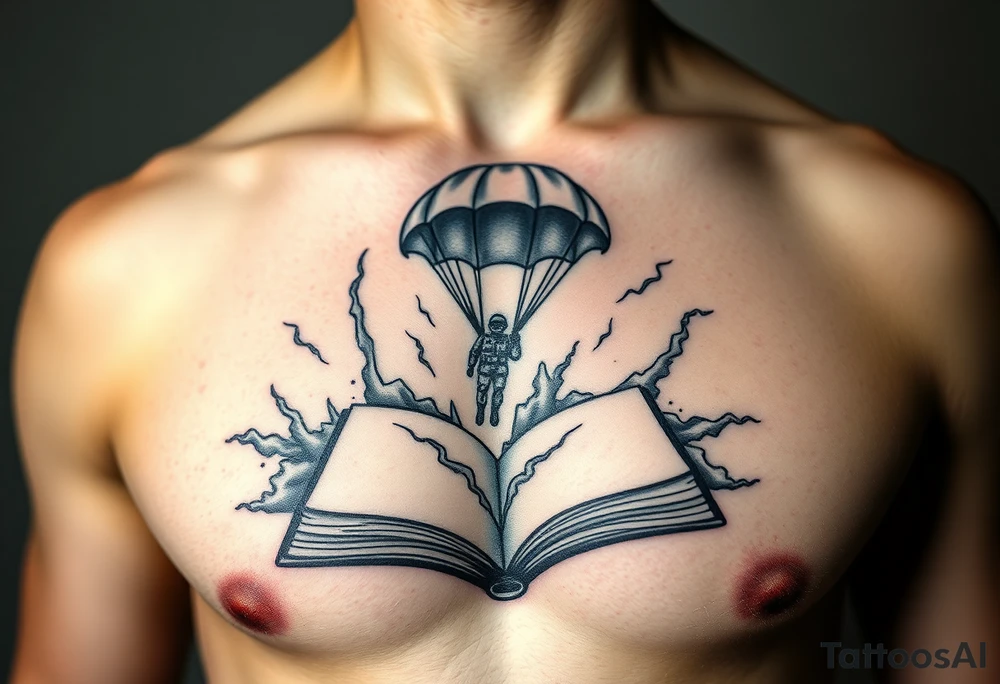 A parachuting soldier landing into an open book. Chaos surrounding, but the book is protecting the soldier from it. On the chest. Make the tattoo smaller. Make it thought provoking. Make the chaos in the environment be a thunderstorm. Make the pages in the book be blank and the book be decorated tattoo idea