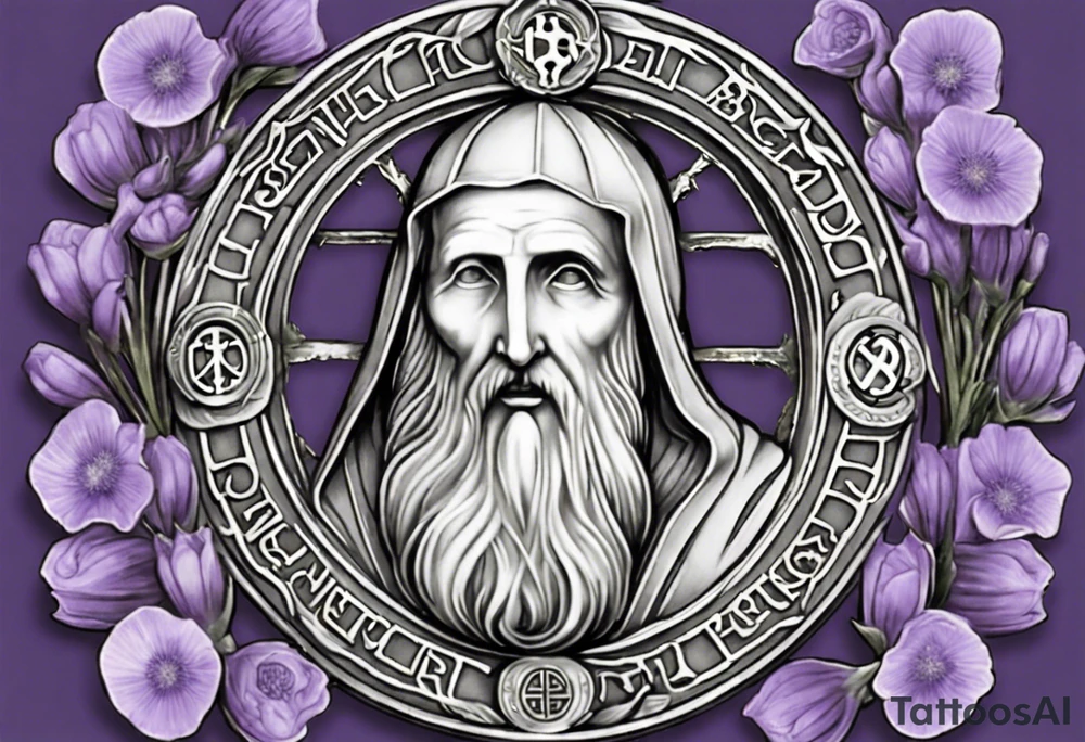 I'm looking for a custom tattoo design featuring a faithful and precise representation of the Saint Benedict medal, surrounded by delicately intertwined lavender flowers to create a harmonious and aesthetically pleasing composition. The focus should be on maintaining the authenticity of the Saint Benedict medal while incorporating the serene beauty of lavender blooms around it. The design should strike a balance that captures the symbolic essence of the medal within a visually appealing tattoo. tattoo idea
