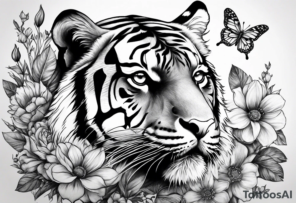 tiger, 3 buterflies, flowers tattoo idea