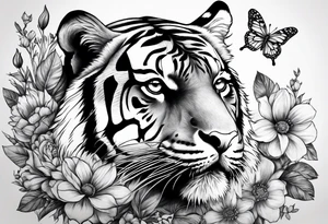 tiger, 3 buterflies, flowers tattoo idea