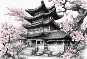 Cherry blossom, china building and lotus flower and dragon tattoo idea