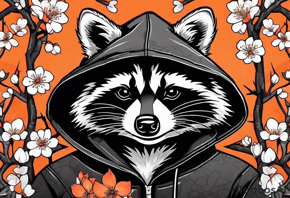 Raccoon wearing a white Superman logo on a black hoodie and orange Japanese cherry blossoms tattoo idea