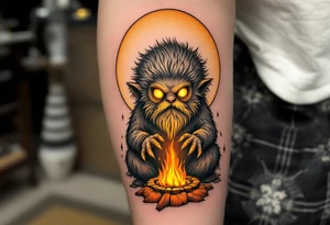 Domovoi Spirit – A small, bearded creature in fur and linen with glowing yellow eyes, sitting by a hearth with amber flames and wooden textures in brown and ochre. tattoo idea