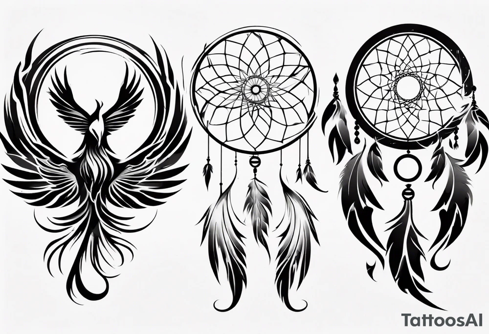 Vertical Phoenix in circles with abstract dream catcher tail tattoo idea Vertical Phoenix in circles with abstract dream catcher tail tattoo idea