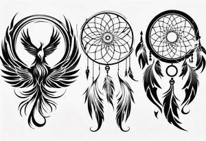 Vertical Phoenix in circles with abstract dream catcher tail tattoo idea
