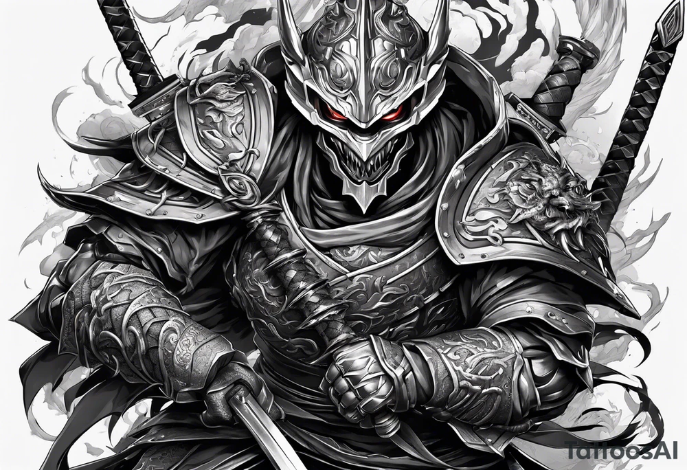 Angry demon Modern robot ninja with demon mask with swords in hands fighting dragon tattoo idea