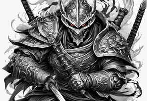 Angry demon Modern robot ninja with demon mask with swords in hands fighting dragon tattoo idea