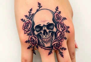 gothic skull intertwined with climbing roses and thorny vines tattoo idea
