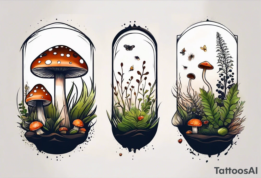 minimalistic forest floor inspired tattoo, which includes grass, moss, curly ferns and dead leaves as the bulk of the tattoo. details to include: forest berries, couple of very small brown mushrooms, a tiny bumblebee flying nearby tattoo idea
