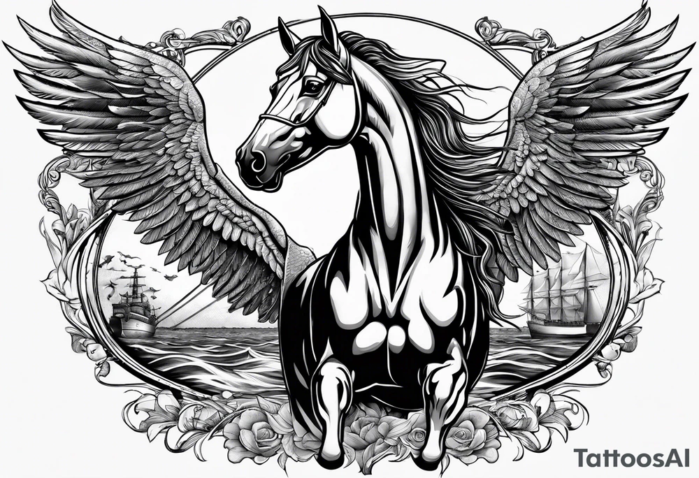 Horse with wings and a big ship in the wayer tattoo idea
