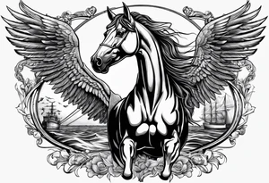 Horse with wings and a big ship in the wayer tattoo idea