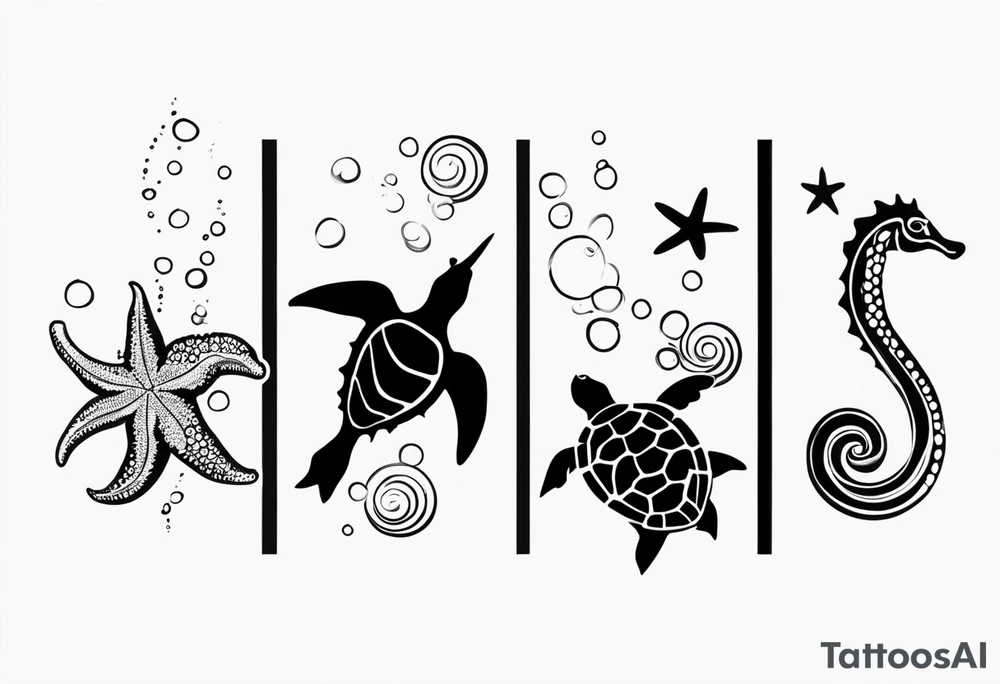 Small Starfish, Seahorse and turtle in a vertical line with bubbles tattoo idea