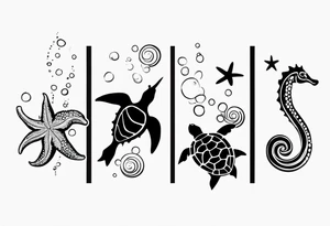 Small Starfish, Seahorse and turtle in a vertical line with bubbles tattoo idea