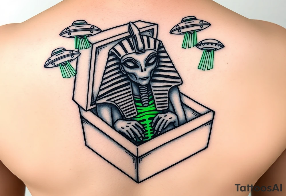 "Pharaoh's sarcophagus opening to reveal a grey alien. Instead of organs: glowing crypto wallets. Floating UFOs are shaped like Chevy Impalas (lowrider style).  

Style: Neo-traditional tattoo with glitch effects. Colors: turquoise/black/neon green." tattoo idea