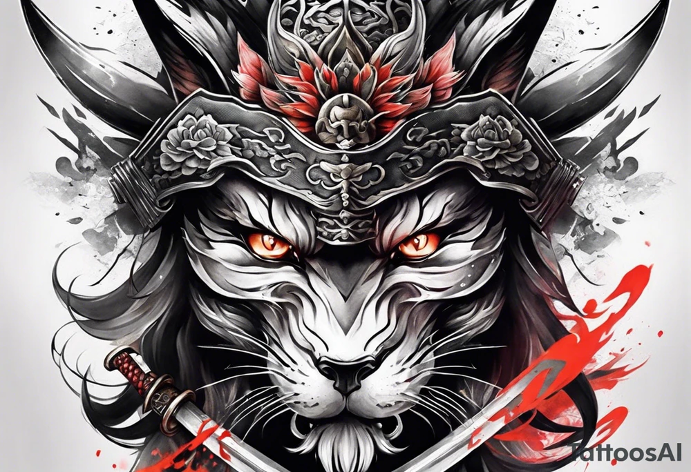 Samurai full sleeve with kitsune mask tattoo idea