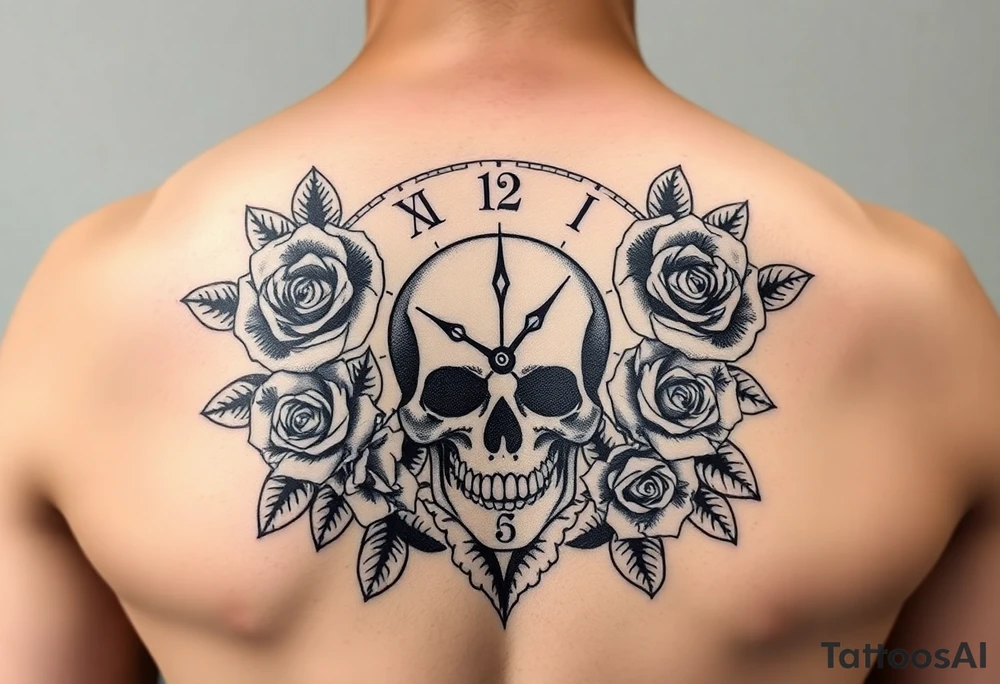 Clock face 11:43 as set time. With roses and skull tattoo idea