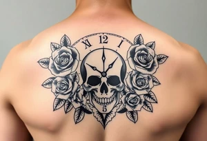 Clock face 11:43 as set time. With roses and skull tattoo idea
