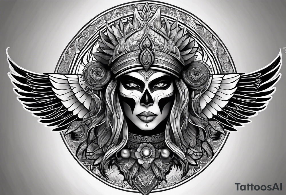 black kali, goddess pirate, alien, pachamama, valkrye, warrior, skull, lotus azul, wing, eagle, zenza resonance, stars, 5D tattoo idea