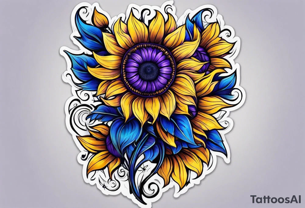 Purple, yellow and blue sunflower arm sleeve tattoo idea