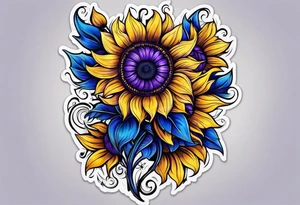 Purple, yellow and blue sunflower arm sleeve tattoo idea