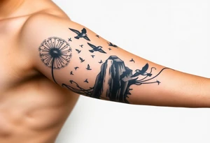 A dandelion with its leaves blowing away and turning into birds that fly up a waterfall tattoo idea