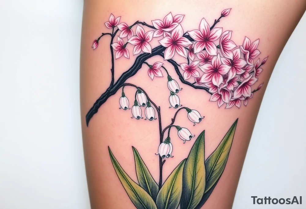 White lily in the valley bells underneath a cherry blossom tree that's blooming tattoo idea