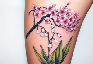 White lily in the valley bells underneath a cherry blossom tree that's blooming tattoo idea