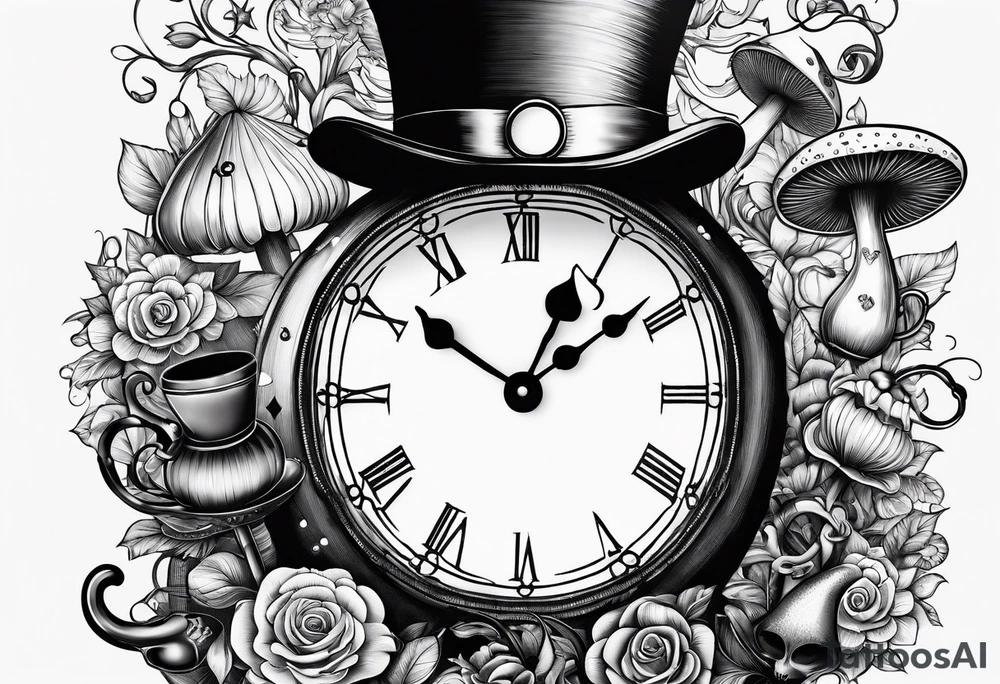 Clock, spade, heart, mushroom, key, doorknob, chesire cat, top hat, tea set tattoo idea