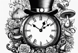 Clock, spade, heart, mushroom, key, doorknob, chesire cat, top hat, tea set tattoo idea