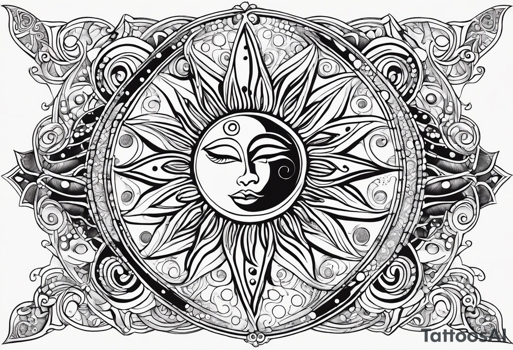 Feminine alien Sun and moon. Freeform rectangular sternum swirls with dots and stars tattoo idea
