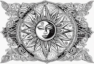 Feminine alien Sun and moon. Freeform rectangular sternum swirls with dots and stars tattoo idea