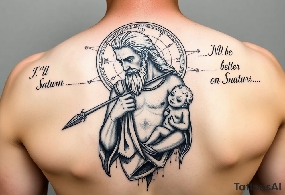 a tattoo design of the Greek God Saturn but older and nearly dying holding a spear with the astrology Saturn symbol as the spear head, in his other arms cradling a twin dying younger version of himself. The gemini constellation is in the background behind the Saturn Gods. The words "I'll be better on Saturn" on one side and "None of this matters" on the other side tattoo idea
