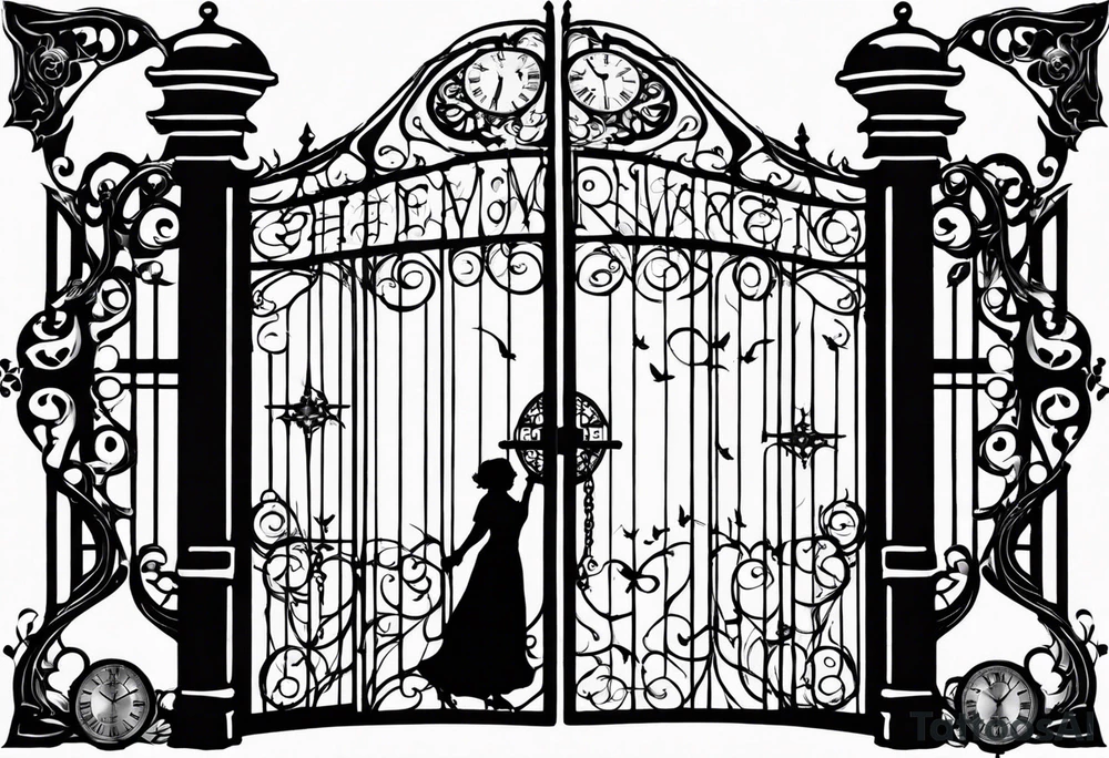 Forearm tattoo:
Mawmaw
07-05-38 / 09-23-24
Grandson and grandma silhouette holding hands walking up to the gates of heaven with the gates opened shinning bright with a cross and Doves flying around and a Big Busted clock behind it with the time of her death 7:00pm tattoo idea