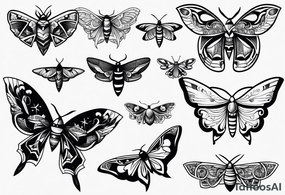 Variety of moths style flash sheet tattoo idea