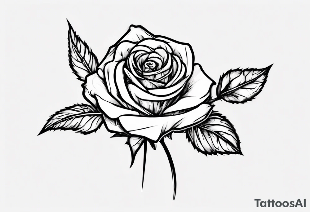 a one-line rose, add some splattered red blood and thorns, small, with stem, very simple, with the name Jesus as the stem tattoo idea