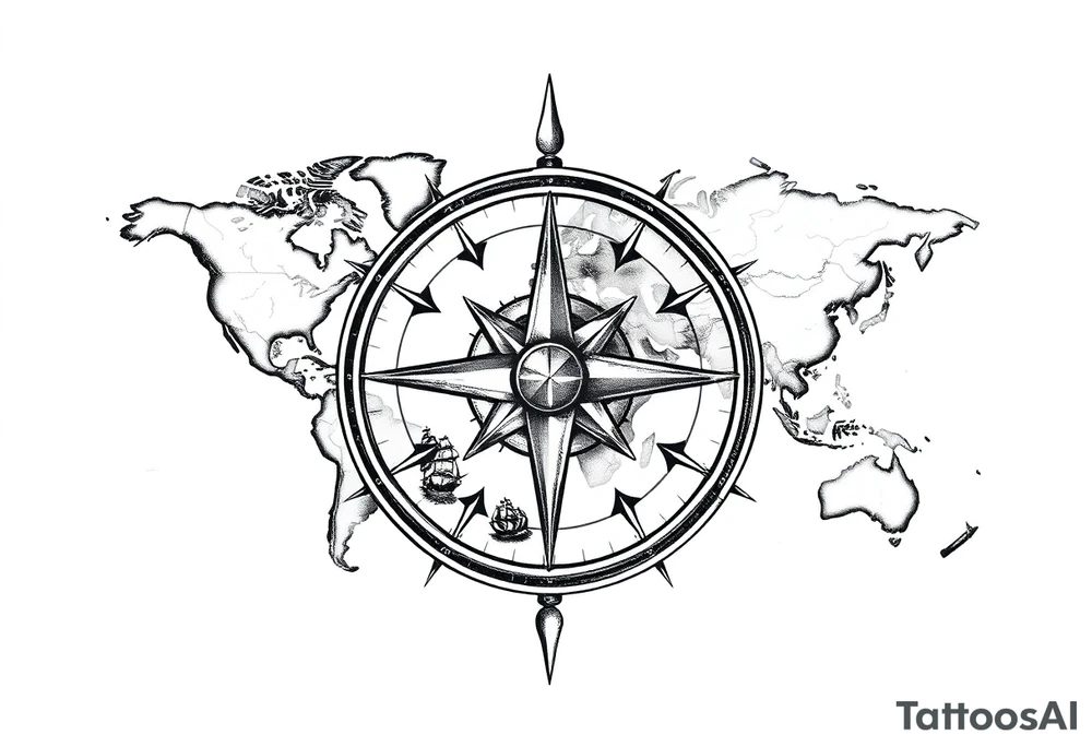 antique compass rose overlaid on weathered world map with sailing ships tattoo idea