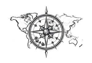 antique compass rose overlaid on weathered world map with sailing ships tattoo idea